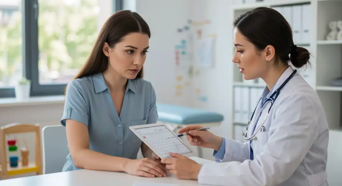 Mother discussing vaccination schedule with pediatrician at a clinic