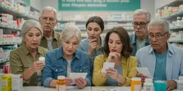 People discussing medication costs at a pharmacy counter
