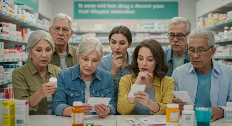 People discussing medication costs at a pharmacy counter