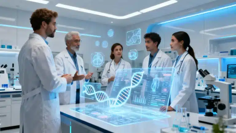 Scientists analyzing genetic data on futuristic screens in a laboratory, representing personalized medicine advancements.