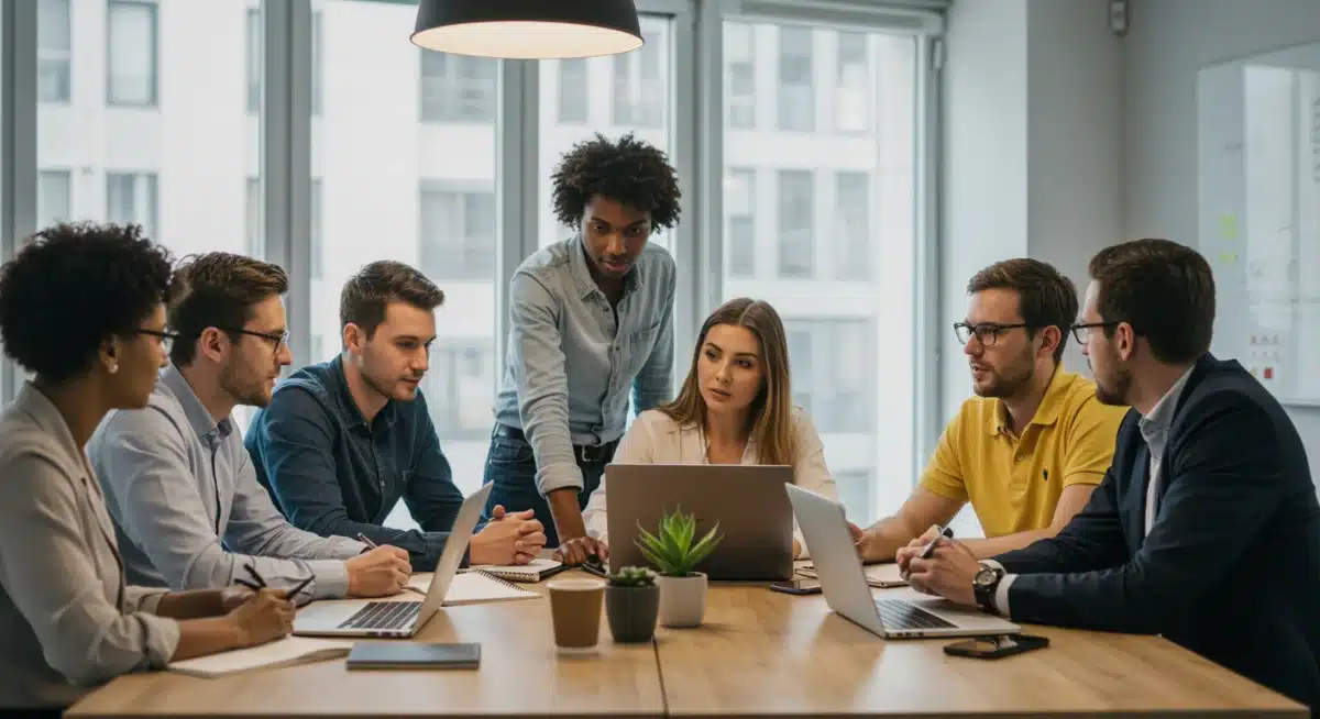Team of diverse professionals collaborating in a modern office environment.