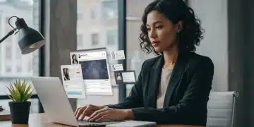 Professional woman actively searching for jobs on a laptop in a modern office, representing effective job market navigation.