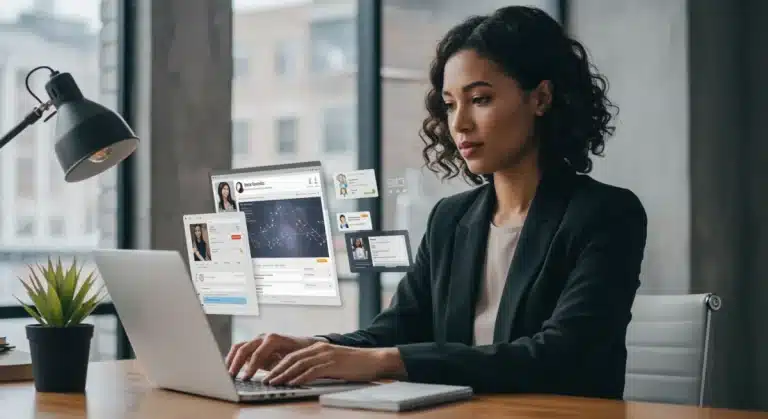 Professional woman actively searching for jobs on a laptop in a modern office, representing effective job market navigation.