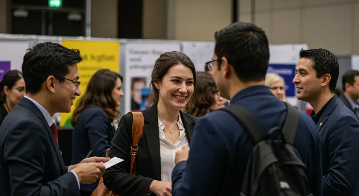 Professionals networking at a career event, highlighting the importance of connections for job searching.