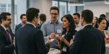 Professionals networking at an event, exchanging business cards and discussing career opportunities.