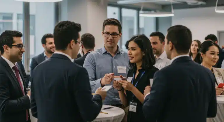 Professionals networking at an event, exchanging business cards and discussing career opportunities.