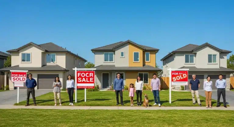 People looking at homes in a vibrant real estate market with for sale signs.