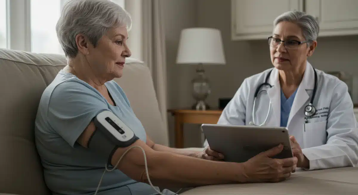 Patient using remote monitoring device for telehealth consultation
