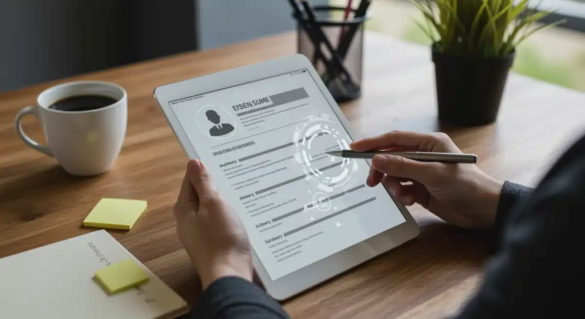 Individual optimizing resume with AI suggestions on a tablet