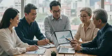 Diverse group discusses retirement savings with financial advisor, focused on IRA vs Roth IRA