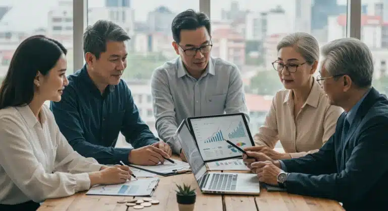 Diverse group discusses retirement savings with financial advisor, focused on IRA vs Roth IRA