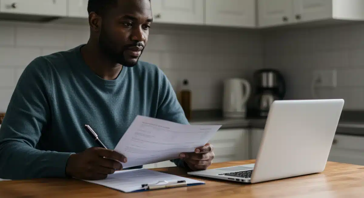 Person reviewing disability benefit application documents at home.