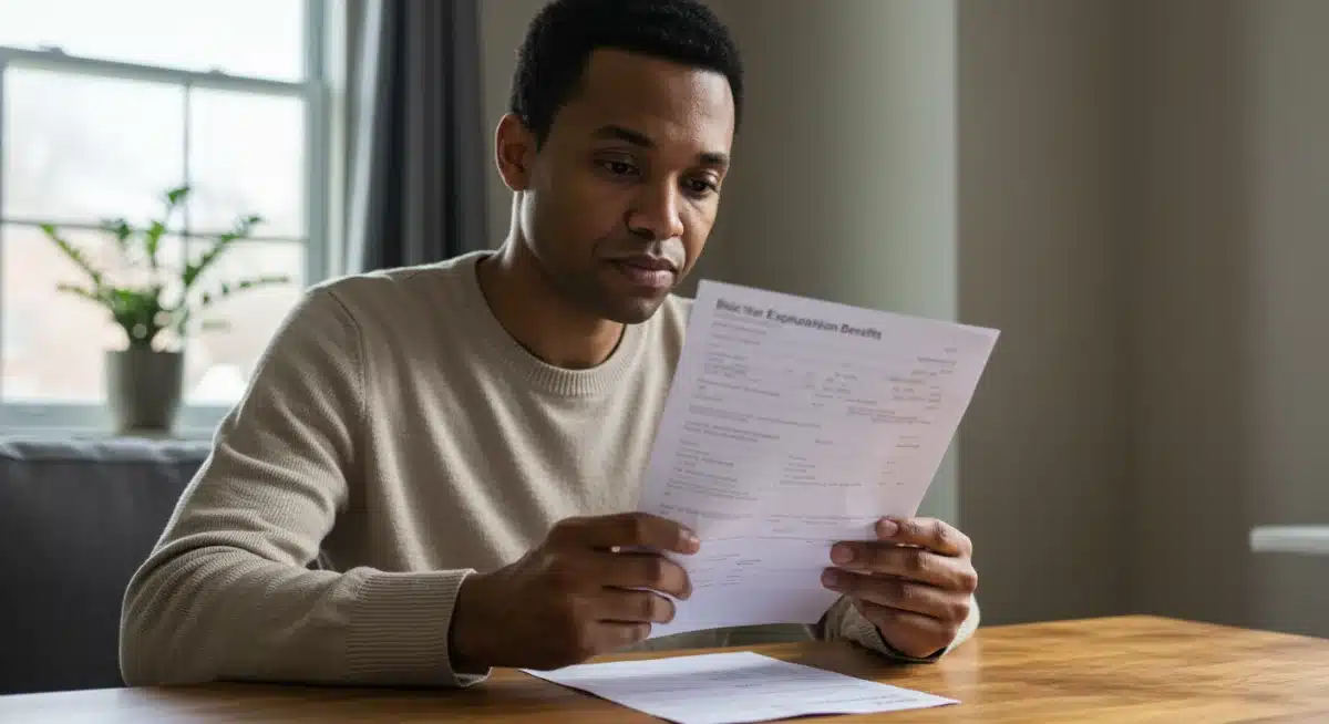 Individual reviewing medical bills and insurance documents at home