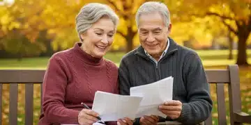Smiling senior couple reviewing financial documents in a park