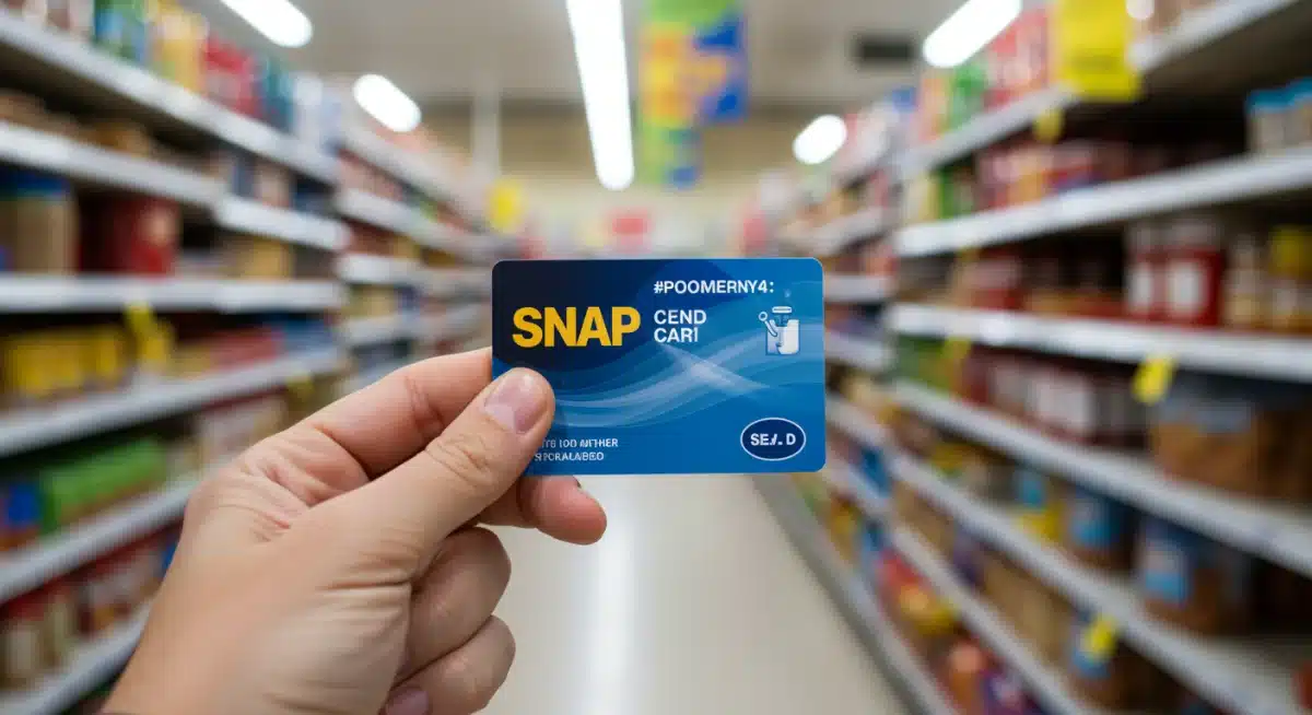 Hand holding SNAP EBT card in a grocery store