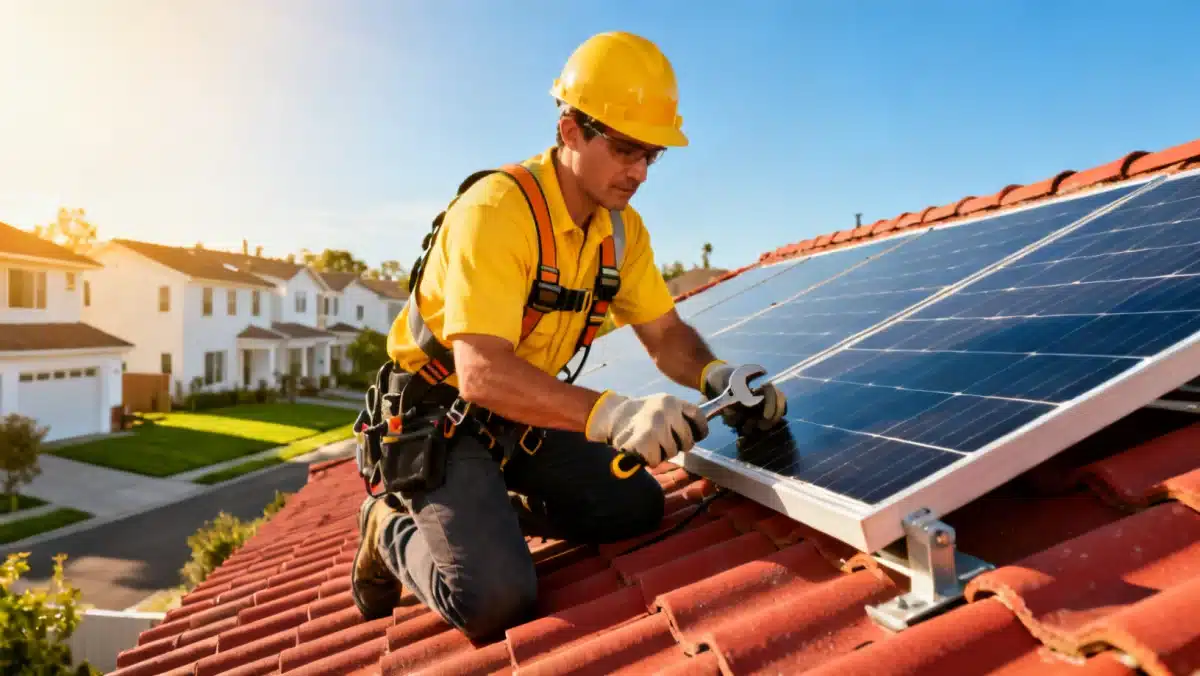 Solar panel technician installing panels on a roof.