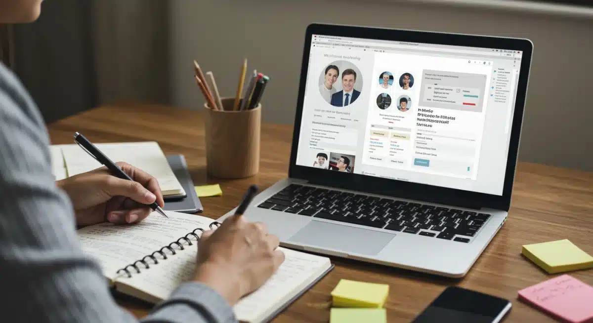 Person planning networking strategy on laptop with notes.