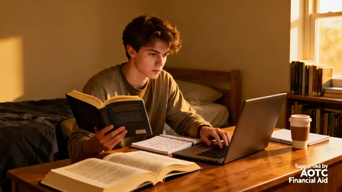 Focused college student studying at a desk with books and laptop, representing academic pursuits.