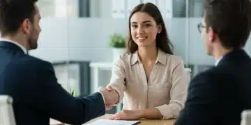 Confident woman shaking hands after successful salary negotiation