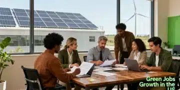 Green Jobs Rise: 10 Sustainable Opportunities in the US by 2026 Professionals working in a sustainable office with renewable energy elements.