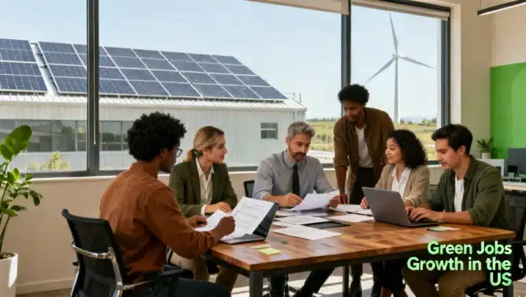 Professionals working in a sustainable office with renewable energy elements.