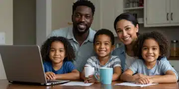 Family reviewing TANF application on laptop, hopeful for assistance