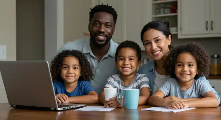 Family reviewing TANF application on laptop, hopeful for assistance