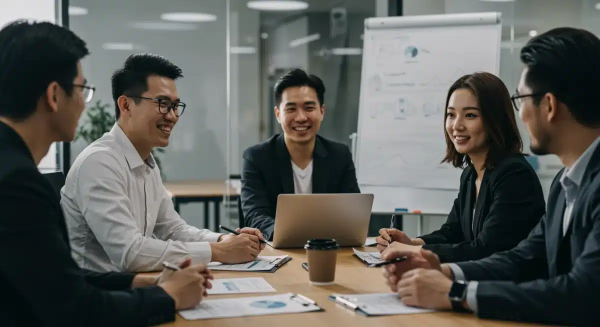 Diverse team collaborating in a modern office, successful negotiation