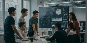 Professionals collaborating in a modern tech office, discussing future tech jobs and salary growth.