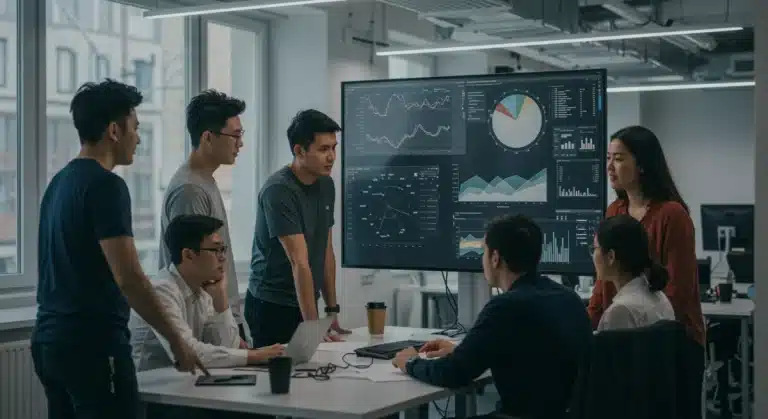 Professionals collaborating in a modern tech office, discussing future tech jobs and salary growth.