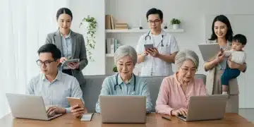 Patients accessing virtual doctor visits from home on various devices