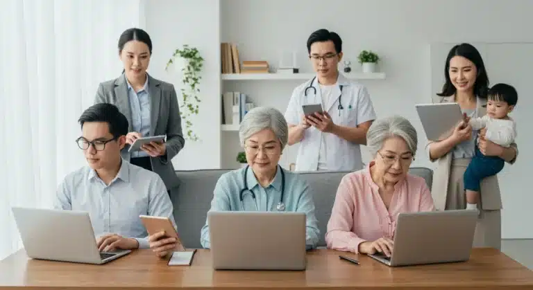 Patients accessing virtual doctor visits from home on various devices