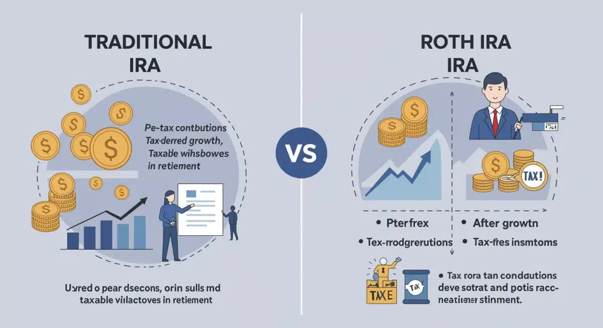 Infographic comparing Traditional IRA versus Roth IRA features and benefits