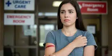 Woman weighing urgent care versus emergency room for minor injury