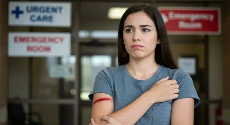 Woman weighing urgent care versus emergency room for minor injury