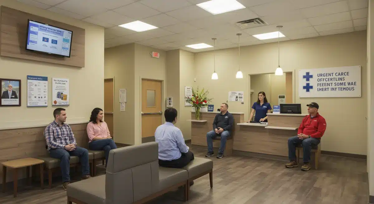 Modern urgent care waiting room with patients and staff