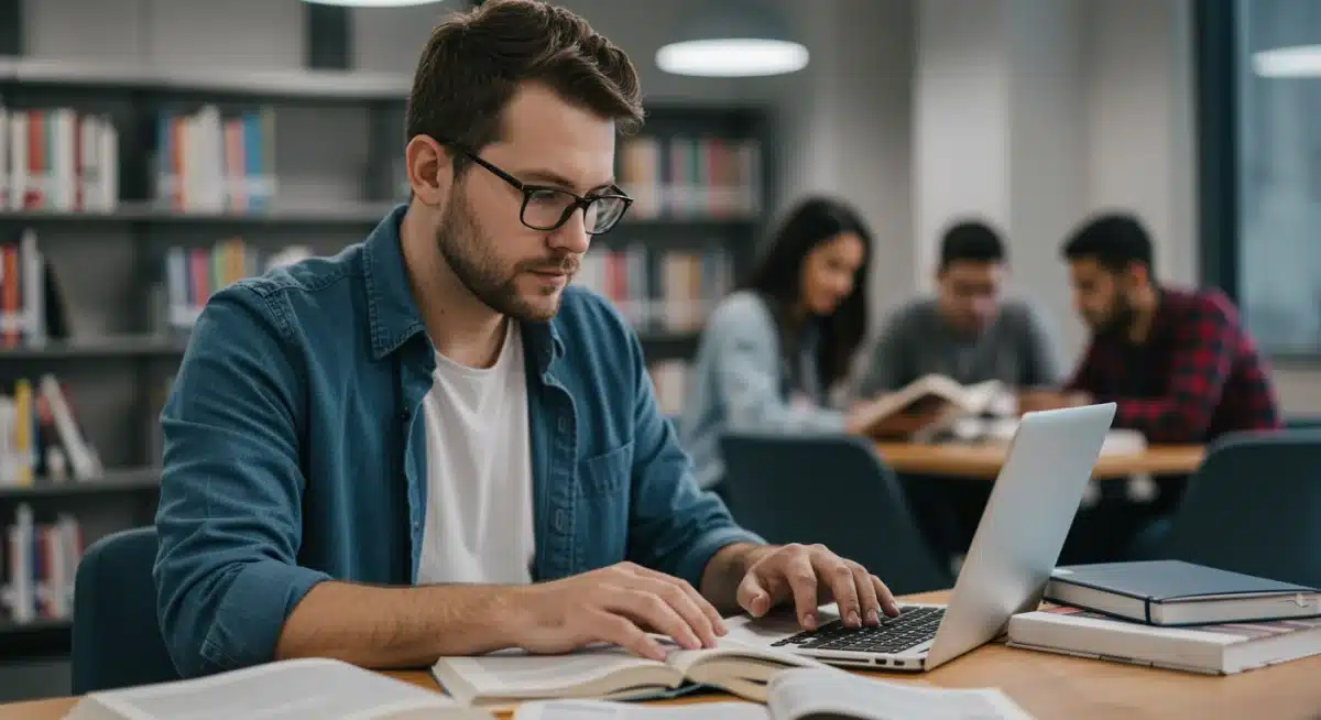 Veteran student utilizing education benefits in a university library