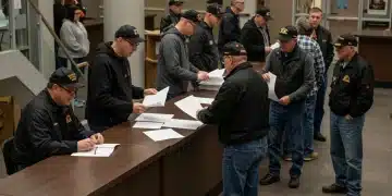 Diverse veterans discussing benefits in a community center