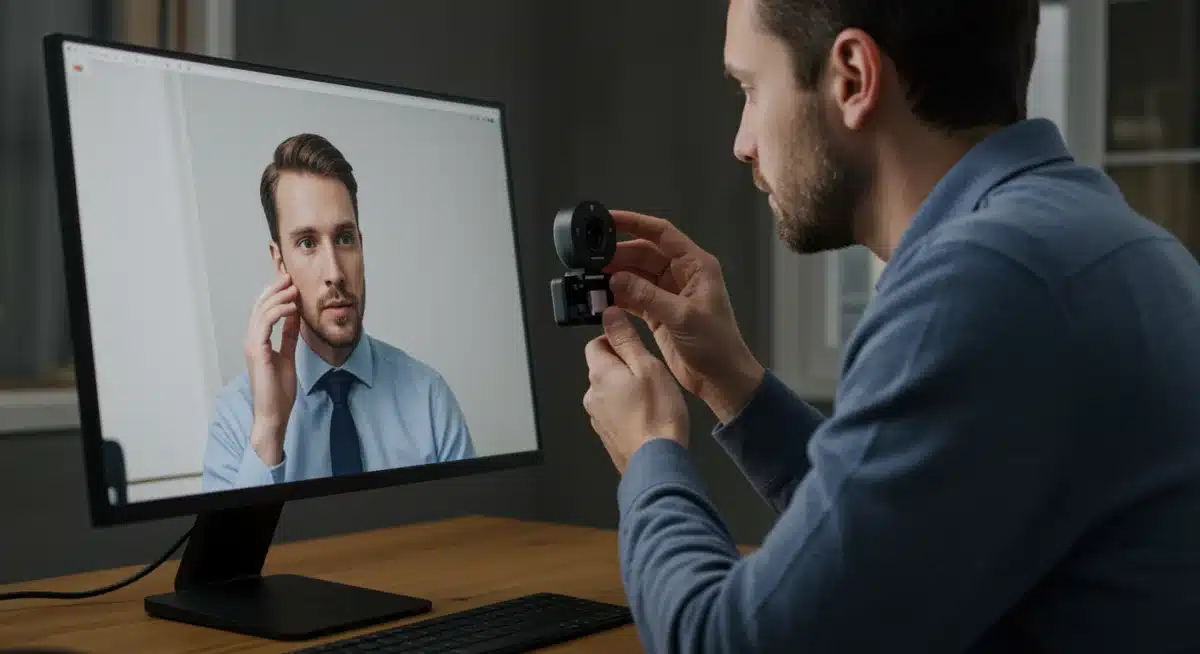 Man checking webcam and microphone setup for a virtual interview