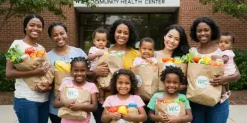 Smiling mothers and children with healthy groceries from WIC program