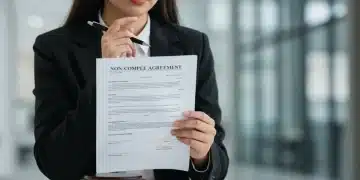 Woman reviewing non-compete agreement document in office