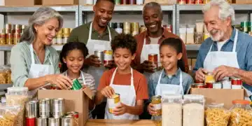 American donors volunteering at a community food bank, sorting donations.