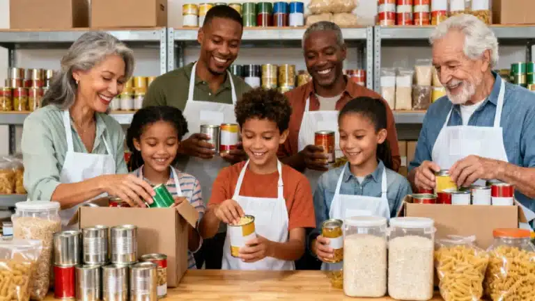 American donors volunteering at a community food bank, sorting donations.