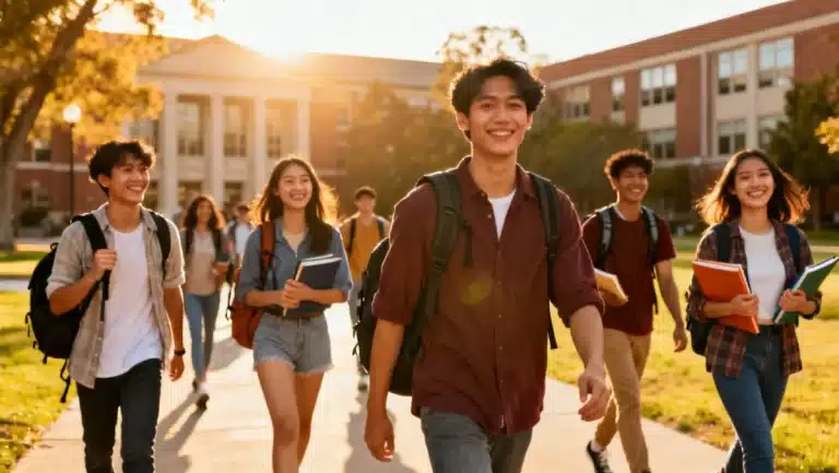 College students walking on a sunny university campus, symbolizing educational opportunities.