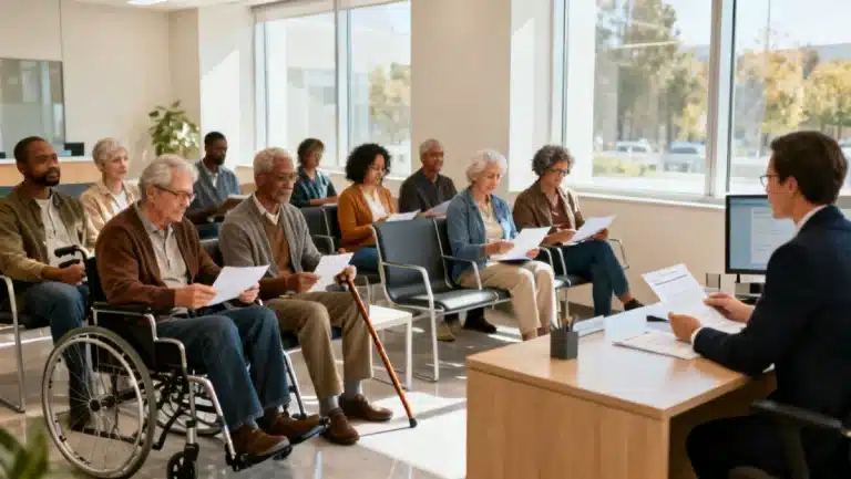 Individuals seeking Social Security Disability Insurance benefits in a waiting room