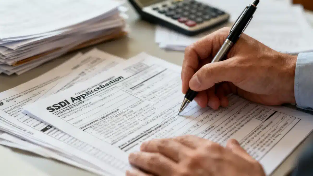 Person meticulously filling out Social Security Disability Insurance application forms