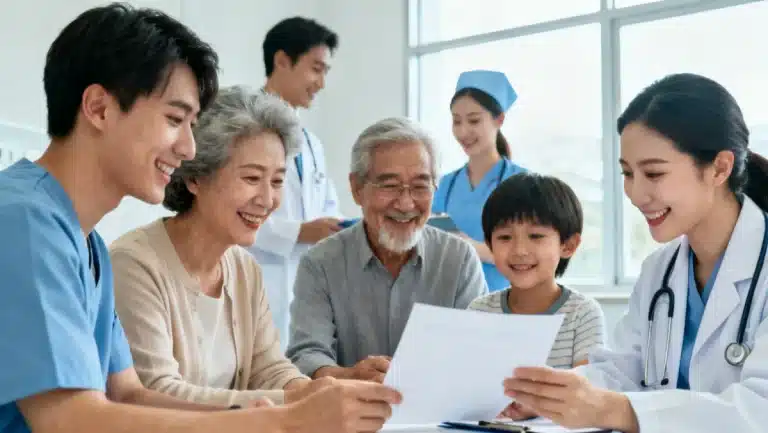 Patients discussing their rights with healthcare providers in a clinic