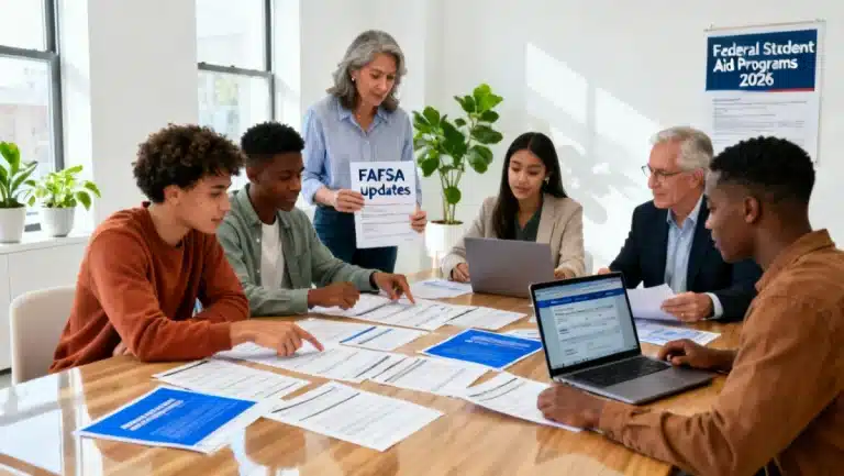 Students and parents reviewing Federal Student Aid documents