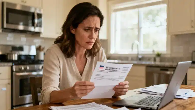 Woman reviewing a denied health insurance claim letter at home