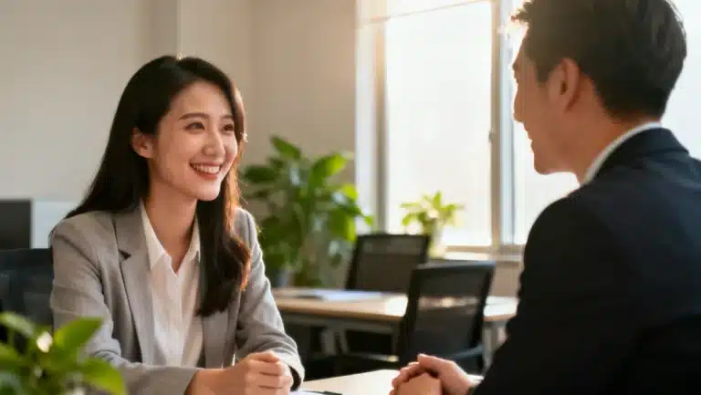 Two professionals engaged in a productive informational interview, networking for US job leads.